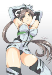 Rule 34 | 1girl, adapted costume, armadillo-tokage, armpits, arms up, ayanami (kancolle), ayanami rei, ayanami rei (cosplay), bad id, bad pixiv id, black panties, breasts, brown eyes, brown hair, cosplay, elbow gloves, gloves, gradient background, highres, kantai collection, large breasts, long hair, looking at viewer, name connection, neon genesis evangelion, panties, plugsuit, side ponytail, solo, underwear