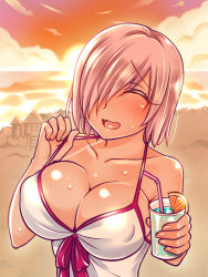Rule 34 | 1girl, bikini, bikini tan, blush, bow, breasts, cleavage, collarbone, dress swimsuit, evening, fate/grand order, fate (series), hair over one eye, large breasts, light purple hair, mash kyrielight, mash kyrielight (swimsuit of perpetual summer), official alternate costume, one-piece swimsuit, open mouth, orange theme, pink bow, red theme, short hair, sky, smile, solo, sun, sunset, swimsuit, tan, tanline, white bikini, white one-piece swimsuit, yakisobapan tarou &amp; negitoro-ko