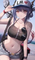 Rule 34 | 1girl, absurdres, adjusting clothes, adjusting headwear, arknights, bare arms, bare shoulders, baseball cap, beach, bikini, black bikini, blue hair, ch&#039;en (arknights), ch'en (arknights), commentary, cowboy shot, dragon horns, dragon tail, eyewear hang, female tourist c (arknights), grey shorts, hand up, hat, heart, highres, horns, looking at viewer, nail polish, navel, open fly, outdoors, parted lips, pink nails, red eyes, short hair, short shorts, shorts, solo, standing, stomach, stratoz, sunglasses, swimsuit, tail, unworn eyewear, white hat