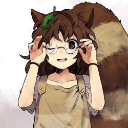 Rule 34 | 1girl, adjusting eyewear, animal ears, brown eyes, brown hair, commentary request, flat chest, futatsuiwa mamizou, glasses, highres, kaigen 1025, leaf, leaf on head, medium hair, open mouth, puffy short sleeves, puffy sleeves, raccoon ears, raccoon girl, raccoon tail, round eyewear, shirt, short sleeves, simple background, smile, solo, tail, touhou, upper body, wavy hair, white background, white shirt