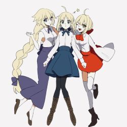 Rule 34 | 3girls, ahoge, artoria pendragon (all), artoria pendragon (fate), black pantyhose, blonde hair, blue eyes, blue ribbon, blue skirt, boots, bow, braid, brown footwear, collared shirt, double-parted bangs, fate (series), green eyes, hair between eyes, hair bow, hair intakes, hair ribbon, hand up, jeanne d&#039;arc (fate), jeanne d&#039;arc (ruler) (fate), long braid, long hair, long skirt, long sleeves, looking at viewer, miniskirt, multiple girls, neck ribbon, nero claudius (fate), nero claudius (fate) (all), nnndajidand, one eye closed, pantyhose, parted bangs, puffy sleeves, purple bow, purple ribbon, purple shirt, red bow, red skirt, ribbon, saber (fate), shirt, sidelocks, single braid, skirt, sleeveless, thighhighs, white background, white shirt, white thighhighs