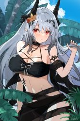 Rule 34 | 1girl, arknights, armlet, bare shoulders, bikini, black bikini, black ribbon, blue sky, blush, breasts, cleavage, collarbone, cowboy shot, day, flower, hair flower, hair ornament, hand in own hair, highres, horns, infection monitor (arknights), jewelry, large breasts, leaf, long hair, looking at viewer, material growth, mudrock (arknights), mudrock (silent night) (arknights), navel, necklace, official alternate costume, oripathy lesion (arknights), outdoors, palm tree, parted lips, plant, pointy ears, red eyes, ribbon, see-through, shiduki eku, silver hair, sky, solo, sweat, swimsuit, tree, twitter username, underboob, very long hair, yellow flower