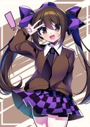 Rule 34 | 1girl, :d, black necktie, black skirt, brown background, brown eyes, brown hair, brown jacket, checkered clothes, checkered skirt, collared shirt, cowboy shot, hair ribbon, hat, highres, himekaidou hatate, jacket, kujou mikuru, looking at viewer, necktie, one-hour drawing challenge, open mouth, purple hat, purple ribbon, purple skirt, ribbon, shirt, skirt, smile, solo, tokin hat, touhou, twintails, white shirt