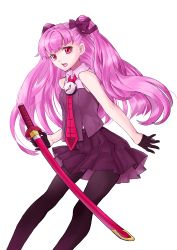 Rule 34 | artemis (harunoibuki), bad id, bad pixiv id, bare shoulders, bow, clock, gloves, hair bow, harunoibuki, necktie, open mouth, original, pantyhose, pink eyes, pink hair, skirt, solo, sword, tongue, twintails, weapon