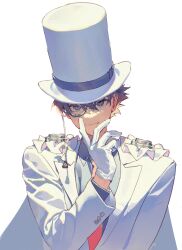 Rule 34 | 1boy, absurdres, bad id, bad twitter id, brown hair, cape, gloves, hair between eyes, hat, highres, jacket, kaitou kid, kuroba kaito, looking at viewer, magic kaito, male focus, meitantei conan, monocle, short hair, simple background, smile, solo, upper body, white background, white cape, white gloves, white hat, white jacket, xhsksrp47648