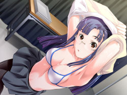 Rule 34 | 1girl, armpits, arms up, bikini, blue hair, breasts, brown eyes, cleavage, collarbone, dressing, dutch angle, female focus, game cg, glasses, indoors, large breasts, lingerie, long hair, looking at viewer, miura amane, pantyhose, shirt, shutterchance love, skirt, solo, standing, surprised, suzuki mei, sweat, swimsuit, table, tray, underwear, undressing, white bikini