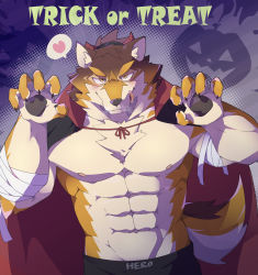 Rule 34 | 1boy, :q, abs, animal ears, bara, bare pectorals, barrel (live a hero), beige fur, brown fur, claw pose, dog boy, dog ears, dog tail, furry, furry male, halloween, halloween costume, heart, highres, kanato (sakehabera), large pectorals, live a hero, male focus, muscular, muscular male, navel, nipples, orange fur, pectorals, short hair, solo, spoken heart, stomach, tail, tongue, tongue out, trick or treat, upper body, vampire costume