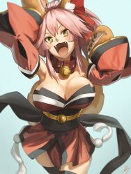 Rule 34 | amino (tn7135), animal ears, animal hands, bare shoulders, black thighhighs, blush stickers, breasts, cat ears, cleavage, fangs, fate/grand order, fate (series), japanese clothes, large breasts, long hair, looking at viewer, pink hair, smile, solo, tamamo (fate), tamamo cat (fate), tamamo cat (first ascension) (fate), tamamo no mae (fate/extra), thighhighs