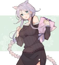 Rule 34 | 1girl, black skirt, black sweater, blue eyes, blush, bouquet, braid, breasts, collarbone, flower, hair flaps, holding, holding bouquet, kantai collection, long hair, long sleeves, medium breasts, off-shoulder sweater, off shoulder, open mouth, ribbed sweater, shakemi (sake mgmgmg), silver hair, single braid, skirt, solo, sweater, umikaze (kancolle), umikaze kai ni (kancolle), very long hair
