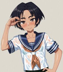 Rule 34 | 1girl, adjusting hair, black hair, blue sailor collar, blush, brown eyes, collarbone, commentary request, grey background, hand on own hip, hand up, highres, looking at viewer, neckerchief, onimushi hyogo, original, red neckerchief, sailor collar, school uniform, see-through, see-through shirt, serafuku, short hair, short sleeves, simple background, smile, solo, standing, upper body, wet, wet clothes, wet hair