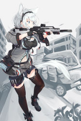 Rule 34 | 1girl, absurdres, angled foregrip, animal ears, black footwear, black gloves, black shirt, black shorts, blue eyes, boots, breasts, brown thighhighs, building, car, cleavage, commentary, cross-laced footwear, day, gloves, grey jacket, gun, highres, holding, holding gun, holding weapon, jacket, konagi (konotuki), lace-up boots, large breasts, long sleeves, looking away, medium breasts, motor vehicle, open clothes, open jacket, optical sight, original, outdoors, parted lips, partially fingerless gloves, romaji commentary, shirt, short shorts, shorts, silver hair, solo, standing, suppressor, thighhighs, trigger discipline, weapon, weapon request