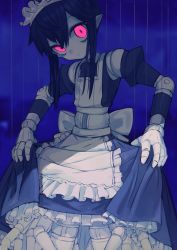 Rule 34 | 1girl, apron, back bow, black hair, blue background, bow, closed mouth, collared dress, cowboy shot, doll joints, dress, extra legs, frilled apron, frilled dress, frills, glowing, glowing eyes, hair between eyes, highres, joints, juliet sleeves, ketopon, long sleeves, looking at viewer, maid, maid headdress, neck ribbon, original, pointy ears, puffy sleeves, puppet strings, red eyes, ribbon, short hair with long locks, sidelocks, skirt hold, solo, white apron, white dress