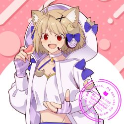 1girl animal_ear_fluff animal_ears arcueid_brunestud blonde_hair breasts cat_ears cleavage crop_top fate/grand_order fate_(series) fingerless_gloves gloves headphones highres hirakawa hood hooded_jacket jacket phantas-moon phantas-moon_(second_ascension) pink_background purple_gloves purple_jacket red_eyes shirt short_hair solo tsukihime tsukihime_(remake) upper_body watermark white_shirt