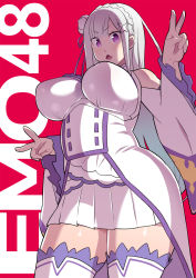 Rule 34 | 1girl, breasts, cowboy shot, double v, emilia (re:zero), from below, highres, large breasts, legs, long hair, looking at viewer, open mouth, pink eyes, re:zero kara hajimeru isekai seikatsu, red background, simple background, skirt, solo, standing, tetrodotoxin, thighhighs, thighs, v, white hair, wide sleeves, zettai ryouiki