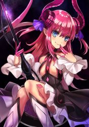 Rule 34 | &gt;:), 10s, 1girl, asymmetrical horns, black skirt, blue eyes, blush, boots, bow, breasts, closed mouth, detached sleeves, diamond (shape), dragon tail, elizabeth bathory (fate), elizabeth bathory (fate/extra ccc), elizabeth bathory (first ascension) (fate), fate/extra, fate/extra ccc, fate/grand order, fate (series), finger to mouth, frilled skirt, frills, hair bow, high-waist skirt, holding, horns, knee boots, long hair, long sleeves, looking at viewer, microphone stand, no bra, pink hair, pleated skirt, pointy ears, purple bow, simple background, sitting, skirt, small breasts, smile, solo, sorao (ichhimo), tail, uneven horns, v-shaped eyebrows, white footwear