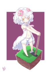 Rule 34 | 1girl, bare arms, bare shoulders, barefoot, bloomers, brown eyes, chibi, colored eyelashes, dress, flower, hair flower, hair ornament, hoe, kudou chitose, navel, nijisanji, outstretched arms, parted lips, pink flower, purple background, reku, short hair, sleeveless, sleeveless dress, solo, standing, two-tone background, underwear, v-shaped eyebrows, virtual youtuber, white background, white bloomers, white dress, white hair