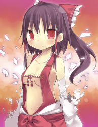 Rule 34 | 1girl, alternate costume, alternate hairstyle, amaa (chou dennou jidai), bad id, bad pixiv id, bandages, bare shoulders, black hair, bow, breasts, detached sleeves, dissolving clothes, female focus, hair bow, hair tubes, hakurei reimu, japanese clothes, looking at viewer, miko, navel, no bra, ponytail, red eyes, short hair, solo, touhou, upper body