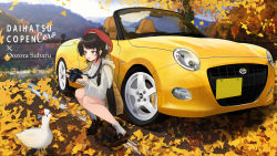 Rule 34 | 1girl, autumn, autumn leaves, backpack, bag, beret, black hair, blue eyes, blush, brown footwear, camera, camera around neck, car, character name, commentary request, daihatsu, daihatsu copen, day, full body, hair ornament, hairclip, hat, highres, holding, holding camera, hololive, hood, hood down, hoodie, long sleeves, medium hair, motor vehicle, oozora subaru, open mouth, outdoors, puffy long sleeves, puffy sleeves, red headwear, shoes, socks, sports car, squatting, subaru duck, vehicle focus, vehicle name, virtual youtuber, white hoodie, white legwear, you&#039;a