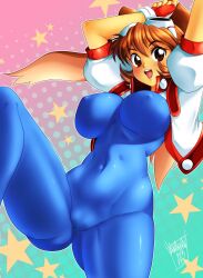 Rule 34 | 1girl, absurdres, animal ears, arms up, artist name, blue unitard, blush, breasts, brown eyes, commentary, covered erect nipples, covered navel, cropped jacket, danmakuman, fingerless gloves, gloves, goggles, goggles on head, gradient background, highres, jacket, large breasts, looking at viewer, makihara arina, open clothes, open jacket, open mouth, polka dot, polka dot background, puffy short sleeves, puffy sleeves, rabbit ears, red gloves, shiny clothes, short hair, short sleeves, signature, skin tight, star (symbol), teeth, unitard, waku waku 7