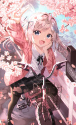 Rule 34 | 1girl, absurdres, ahoge, arm up, bicycle, black pantyhose, black ribbon, black skirt, blue eyes, blush, cherry blossoms, collared shirt, commentary, day, facial hair, gosegu, grey hair, hair ornament, hair ribbon, hand on own cheek, hand on own face, highres, jacket, k.j., long hair, long sleeves, looking ahead, neck ribbon, open clothes, open jacket, open mouth, outdoors, pantyhose, pink jacket, plaid, plaid skirt, ribbon, shirt, skirt, sleeves past wrists, smile, solo, twintails, v, virtual youtuber, waktaverse, white ribbon, white shirt, x hair ornament