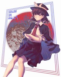 Rule 34 | 1girl, black hat, bow, brown eyes, brown hair, capelet, expressionless, fedora, feet out of frame, hair between eyes, hat, hat bow, highres, looking at viewer, necktie, nostrils, ououren, ribbon, shirt, short hair, skirt, solo, touhou, usami renko, white bow