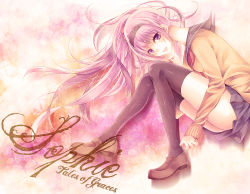 Rule 34 | 1girl, character name, copyright name, fetal position, hairband, legs, loafers, long hair, long legs, lying, official alternate costume, on side, pink eyes, pink hair, purple background, purple theme, ragi (pluie), school uniform, shoes, skirt, solo, sophie (tales), sweater, tales of (series), tales of graces, thighhighs, thighs