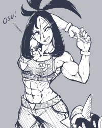 Rule 34 | 1girl, abs, absurdres, black hair, breasts, creatures (company), cross scar, dendra (pokemon), falinks, fingerless gloves, game freak, gen 8 pokemon, gloves, grey background, highres, jacket, juno son, long hair, medium breasts, midriff, monochrome, muscular, muscular female, nintendo, pokemon, pokemon (creature), pokemon sv, scar, scar on face, scar on forehead, simple background, solo, speech bubble, stretching