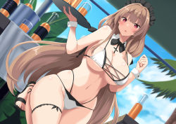 Rule 34 | 1girl, :o, azur lane, bare shoulders, bartender, bikini, black footwear, black ribbon, blue sky, blush, breasts, brown hair, cleavage, cloud, commentary request, cowboy shot, cross-laced bikini, cross-laced clothes, day, detached collar, dutch angle, frilled hairband, frills, groin, hair intakes, hairband, hands up, holding, holding tray, large breasts, long hair, looking at viewer, maid, maid bikini, midriff, minato yoshihiro, mole, mole under mouth, multi-strapped bikini, navel, neck ribbon, outdoors, palm tree, pitcher (container), red eyes, ribbon, sandals, sidelocks, skindentation, sky, solo, standing, standing on one leg, sweat, swiftsure (azur lane), swiftsure (midsummer special service) (azur lane), swimsuit, thigh strap, tray, tree, two-tone bikini, unconventional maid, underboob, very long hair, white bikini, wrist cuffs