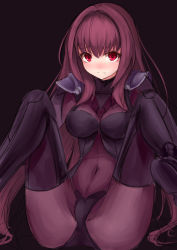 Rule 34 | 1girl, absurdres, armor, blush, bodysuit, breasts, fate/grand order, fate (series), highres, long hair, navel, pink eyes, purple hair, scathach (fate), scathach (fate), shoes, shoulder pads