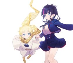 Rule 34 | 1boy, 1girl, baggy clothes, black hair, blonde hair, blue eyes, blue jacket, blue skirt, blush, breasts, buttons, collared shirt, daisi gi, dress shirt, fate/requiem, fate (series), high-waist skirt, highres, jacket, long sleeves, medium breasts, medium hair, multicolored hair, necktie, open clothes, open jacket, pink hair, scarf, shirt, short hair, short sleeves, sidelocks, skirt, smile, streaked hair, thighs, utsumi erice, utsumi erice (mission start), voyager (fate), white shirt, white tunic, yellow scarf