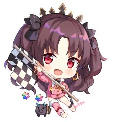 Rule 34 | 1girl, :d, bad id, bad twitter id, bare shoulders, black bow, blush, bow, brown hair, checkered flag, chibi, earrings, fate/grand order, fate (series), flag, full body, fur-trimmed jacket, fur trim, hair bow, hitsukuya, holding, holding flag, hoop earrings, ishtar (fate), ishtar (swimsuit rider) (fate), jacket, jewelry, leg warmers, long hair, long sleeves, looking at viewer, open mouth, parted bangs, pink jacket, red eyes, saint quartz (fate), simple background, smile, solo, tohsaka rin, two side up, white background