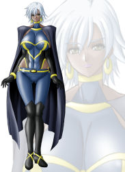 Rule 34 | 10s, 1girl, boots, breasts, cape, dark skin, dark-skinned female, earrings, elbow gloves, female focus, gloves, impossible clothes, impossible shirt, jewelry, large breasts, lipstick, looking at viewer, makeup, marvel, shirt, short hair, solo, standing, storm (x-men), takaibiki, thigh gap, white hair, wide hips, x-men, yellow eyes, zoom layer