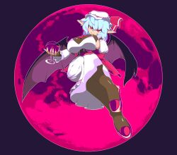 Rule 34 | 1girl, adapted costume, alcohol, alternate breast size, alternate costume, ascot, back ribbon, bat wings, black thighhighs, blue hair, breasts, cup, dress, drinking glass, fingernails, full moon, hat, hat ribbon, holding, holding cup, large breasts, looking at viewer, mob cap, moon, pointy ears, red ascot, red eyes, red footwear, red moon, red ribbon, red wine, remilia scarlet, ribbon, sharp fingernails, short hair, smile, smug, thighhighs, thighs, touhou, vampire, white dress, wine, wine glass, wings, yado taityou