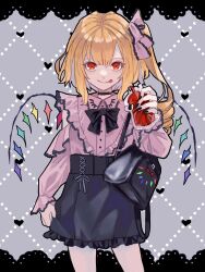 Rule 34 | 1girl, :p, alternate costume, black nails, blonde hair, blood, blood bag, commentary request, contrapposto, cowboy shot, crystal, dress, eyelashes, flandre scarlet, grey background, highres, holding, looking at viewer, medium hair, nail polish, nanasuou, one side up, petite, pink dress, red eyes, simple background, solo, straight-on, tongue, tongue out, touhou