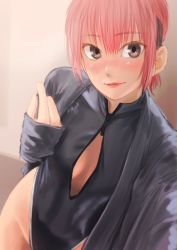 Rule 34 | 1girl, black one-piece swimsuit, blush, buzz cut, cleavage cutout, closed mouth, clothing cutout, competition swimsuit, front zipper swimsuit, grey jacket, grey one-piece swimsuit, highleg, highleg swimsuit, highres, jacket, kilye kairi, looking at viewer, meme attire, one-piece swimsuit, open clothes, open jacket, original, parted lips, pink hair, pink lips, short hair, sleeves past wrists, smile, solo, standing, swimsuit, upper body, very short hair