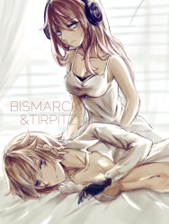 Rule 34 | 2girls, bed sheet, bismarck (warship girls r), black gloves, blue eyes, breasts, brown hair, camisole, character name, cleavage, closed mouth, collarbone, crease, curtains, gloves, hair between eyes, indoors, lattice, light, long hair, looking at viewer, lying, medium breasts, multiple girls, navel, on side, open clothes, open shirt, outstretched hand, pink hair, pointy hair, shirt, short hair, tirpitz (warship girls r), upper body, vest, warship girls r, white shirt, white vest, yamashita hakuu