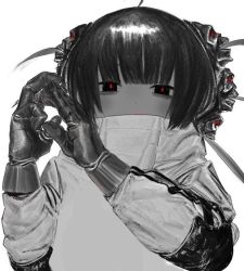 Rule 34 | 1girl, ahoge, atkm2, blunt bangs, covered mouth, gloves, hands up, looking at viewer, medium hair, original, red pupils, solo, spot color, upper body
