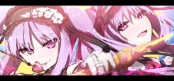 Rule 34 | 2girls, :d, :p, absurdres, arrow (projectile), black hairband, blurry, blurry foreground, blush, bow (weapon), bridal gauntlets, closed mouth, depth of field, euryale (fate), fate/hollow ataraxia, fate (series), flower, frilled hairband, frills, hair between eyes, hairband, head tilt, heart, heart arrow, highres, holding, holding arrow, holding bow (weapon), holding weapon, index finger raised, jewelry, letterboxed, long hair, looking at viewer, multiple girls, open mouth, parted bangs, pink eyes, protected link, purple eyes, purple hair, ribbon-trimmed hairband, ribbon trim, rose, siblings, sisters, sketch, smile, stheno (fate), teeth, tongue, tongue out, twins, twintails, upper teeth only, wada kazu, weapon, white flower, white hairband, white rose
