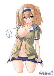 Rule 34 | 10s, 1girl, blush, breasts, brown eyes, collarbone, ebifurya, green jacket, hair between eyes, hairband, highres, i-26 (kancolle), jacket, kantai collection, large breasts, light brown hair, long hair, new school swimsuit, open mouth, sailor collar, school swimsuit, short sleeves, simple background, solo, swimsuit, twitter username, two-tone hairband, two side up, white background, white sailor collar