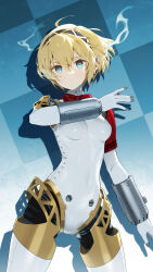 Rule 34 | 1girl, aegis (persona), android, armband, black hairband, blonde hair, blue eyes, bow, bowtie, closed mouth, commentary request, expressionless, gold trim, hair between eyes, hairband, highres, looking at viewer, persona, persona 3, persona 3 reload, red armband, red bow, red bowtie, robot ears, short hair, siino, solo, twitter username