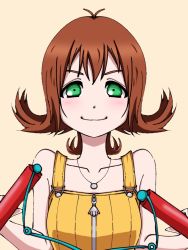 Rule 34 | 1girl, breasts, brown hair, closed mouth, collarbone, final fantasy, final fantasy viii, flipped hair, green eyes, jewelry, looking at viewer, necklace, nunchaku, selphie tilmitt, short hair, simple background, smile, solo, weapon, zipper pull tab