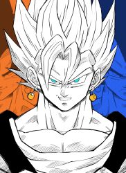 Rule 34 | 3boys, absurdres, commentary request, dragon ball, dragonball z, earrings, frown, grin, highres, jewelry, large pectorals, liedein, limited palette, male focus, multiple boys, pectorals, portrait, potara earrings, smile, son goku, super saiyan, vegeta, vegetto
