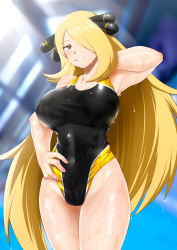 Rule 34 | 1girl, alternate breast size, alternate costume, aru (pixiv51061317), bare arms, black one-piece swimsuit, blonde hair, breasts, commentary request, competition swimsuit, covered navel, cowboy shot, creatures (company), cynthia (pokemon), dripping, game freak, grey eyes, hair ornament, hair over one eye, hand up, highleg, highleg swimsuit, highres, indoors, large breasts, long hair, looking at viewer, nintendo, one-piece swimsuit, parted lips, pokemon, pokemon dppt, shiny skin, smile, solo, standing, swimsuit, wet, wet hair