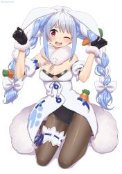 Rule 34 | 1girl, ;d, animal ear fluff, animal ears, arms up, bare shoulders, black gloves, black leotard, blue hair, bow, braid, breasts, carrot hair ornament, commentary request, detached sleeves, don-chan (usada pekora), dress, food-themed hair ornament, full body, fur-trimmed dress, fur-trimmed gloves, fur trim, gloves, groin, hair bow, hair ornament, highres, holding ears, hololive, kneeling, leotard, long hair, looking at viewer, mizunashi (second run), multicolored hair, one eye closed, open mouth, pantyhose, puffy short sleeves, puffy sleeves, rabbit ears, red eyes, shadow, short eyebrows, short sleeves, small breasts, smile, strapless, strapless dress, strapless leotard, teeth, thick eyebrows, twin braids, twintails, two-tone hair, upper teeth only, usada pekora, usada pekora (1st costume), very long hair, virtual youtuber, white background, white bow, white dress, white hair, white sleeves