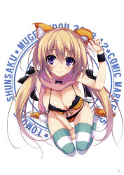 Rule 34 | 1girl, absurdres, animal ears, artist name, bikini, blonde hair, blush, breasts, cat ears, cleavage, front-tie top, full body, highres, large breasts, long hair, looking at viewer, orange bikini, purple eyes, scarf, shoes, side-tie bikini bottom, sitting, smile, solo, striped clothes, striped thighhighs, swimsuit, thighhighs, tomose shunsaku, twintails, wariza, wristband