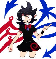 Rule 34 | &gt;:d, 1girl, :d, asymmetrical wings, black dress, black hair, bow, bowtie, breasts, dress, fangs, female focus, furukawa (yomawari), houjuu nue, index finger raised, looking at viewer, medium breasts, messy hair, no nose, open mouth, pointy ears, red eyes, short dress, short hair, smile, solo, touhou, v-shaped eyebrows, white background, wings, wristband