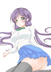 Rule 34 | 10s, 1girl, black thighhighs, breasts, dress shirt, frapowa, green eyes, large breasts, long hair, looking at viewer, love live!, love live! school idol project, low twintails, no jacket, purple hair, shirt, simple background, skirt, smile, solo, thighhighs, tojo nozomi, twintails, white background
