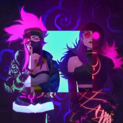 Rule 34 | 2girls, akali, bare shoulders, evelynn (league of legends), finger to mouth, fur trim, glasses, glowing, glowing eyes, glowing hair, green eyes, hat, highres, jacket, jewelry, k/da (league of legends), k/da akali, k/da evelynn, league of legends, mask, medium hair, multiple girls, necklace, pink-tinted eyewear, pink hair, purple hair, suqling, tinted eyewear, yellow eyes
