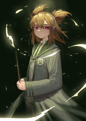 Rule 34 | 1girl, absurdres, alternate costume, closed mouth, coat, collared shirt, green necktie, grey coat, hair between eyes, headphones, highres, holding, light brown hair, long sleeves, necktie, pointy hair, red eyes, shirt, short hair, slytherin, solo, touhou, toyosatomimi no miko, upper body, white shirt, wizarding world, yazato ichimushi