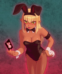 Rule 34 | 1girl, animal ears, arm garter, blonde hair, bow, bowtie, breasts, card, cleavage, dark skin, detached collar, fake animal ears, fishnet pantyhose, fishnets, fukusuke hachi-gou, highres, large breasts, leaning forward, leotard, long hair, original, pantyhose, playboy bunny, pointy ears, rabbit ears, revision, tail, wrist cuffs, yellow eyes